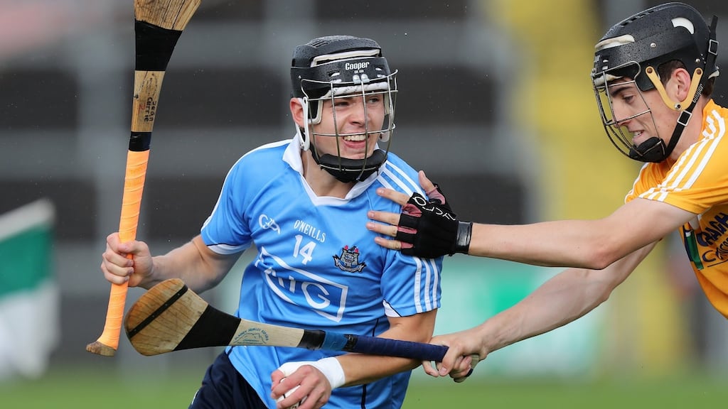 Dublin full forward Sean Currie scored 2-13 of Dublin’s total of 2-20 in their All-Ireland MHC quarter-final win over Antrim at Páirc Esler in Newry on Saturday. Photograph: John McIlwaine/Inpho/Presseye