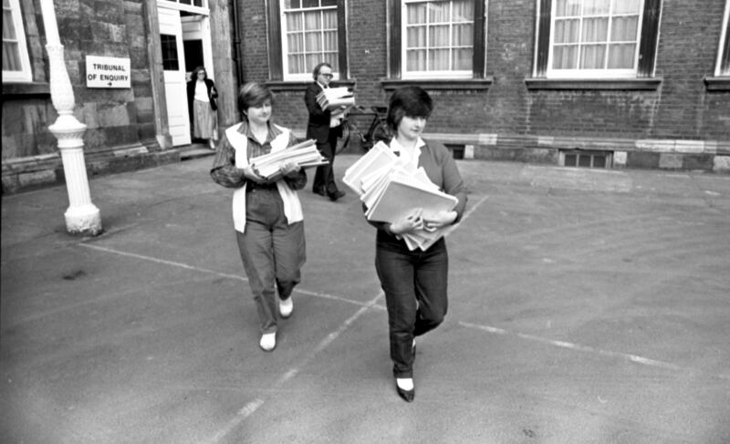 Joanne Hayes and her sister Kathleen leaving the tribunal with their solicitor, Patrick Mann, June 1985. Photograph: Matt Kavanagh