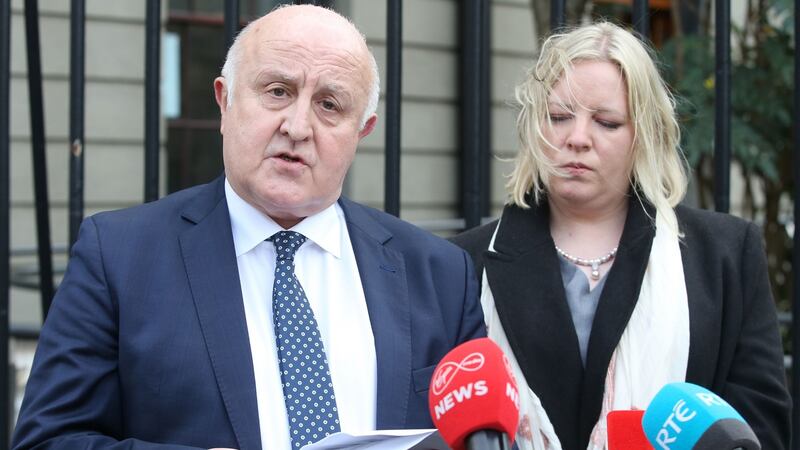Solicitors Patrick Mann and Bernadette Cronin make a statement outside the Four Courts in Dublin, following the issue of an apology from the State to Joanne Hayes for her treatment during the Kerry Babies case in the 1980s. Photograph: Sam Boal/ RollingNews.ie