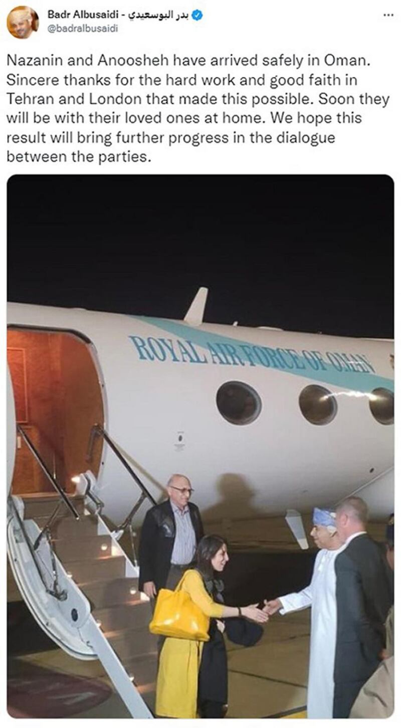 Screengrab from a tweet posted by Badr Albusaidi of Nazanin Zaghari-Ratcliffe and Anoosheh Ashoori, arriving in Oman after being released from jail in Iran. Photograph: Badr Albusaidi/PA Wire