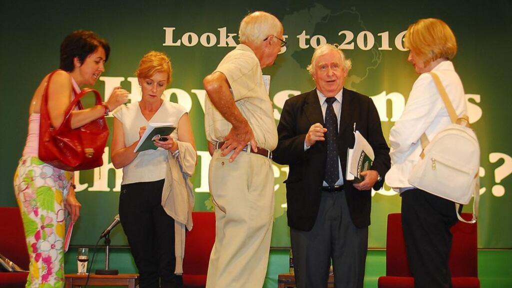 Professor Dermot Keogh having a chat after one of the talks at the Patrick McGill Summer School, in Glenties. Photograph: Michael O Donnell.