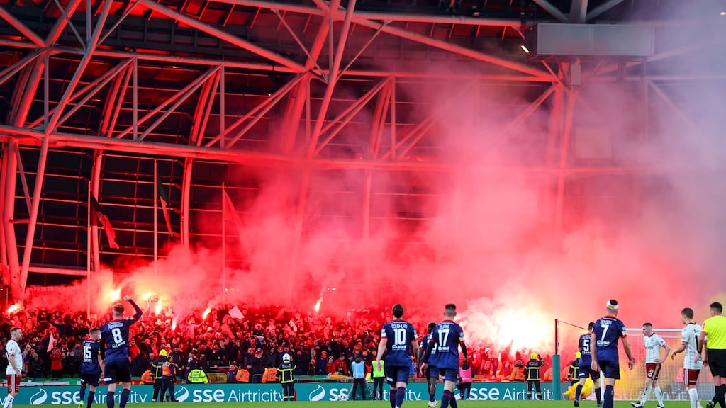 St Patrick’s Athletic fans celebrat the opening goal in their FAI Cup final win over Bohemians. Photo: Ryan Byrne/Inpho