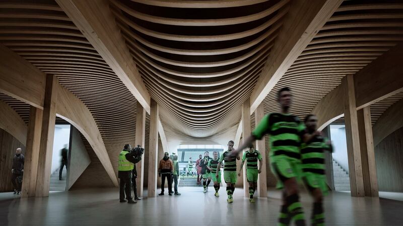 A CGI of the proposed stadium for English club Forest Green Rovers by Zaha Hadid Architects. The late Zaha said: “If I was a man, do you think I would be called a diva? No – they would just talk about the architecture.” Photograph: Zaha Hadid Architects/Handout via Reuters