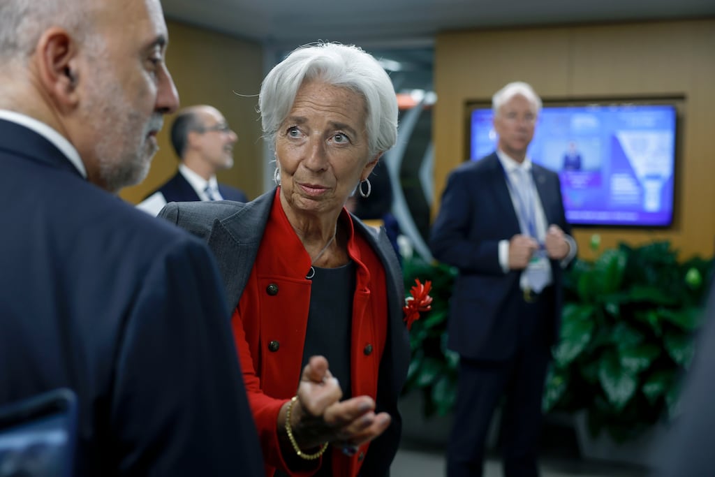 Christine Lagarde, president of the European Central Bank, arrives for the International Monetary Fund and World Bank annual meetings at IMF headquarters in Washington, DC. There is little consensus to be found among the attendees. Photograph: Anna Moneymaker/Getty Images