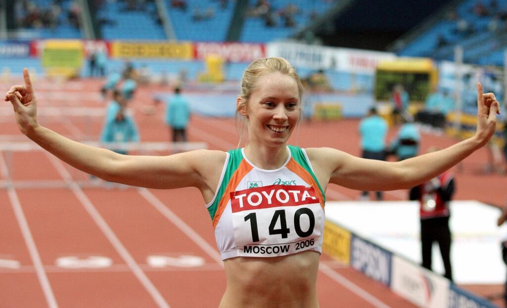 Derval O’Rourke of Ireland gestures after winning the women’s 60m hurdles final in 7.84 seconds at the World Indoor Athletics Championships in Moscow in 2006. Photograph: Grigory Dukor/Reuters