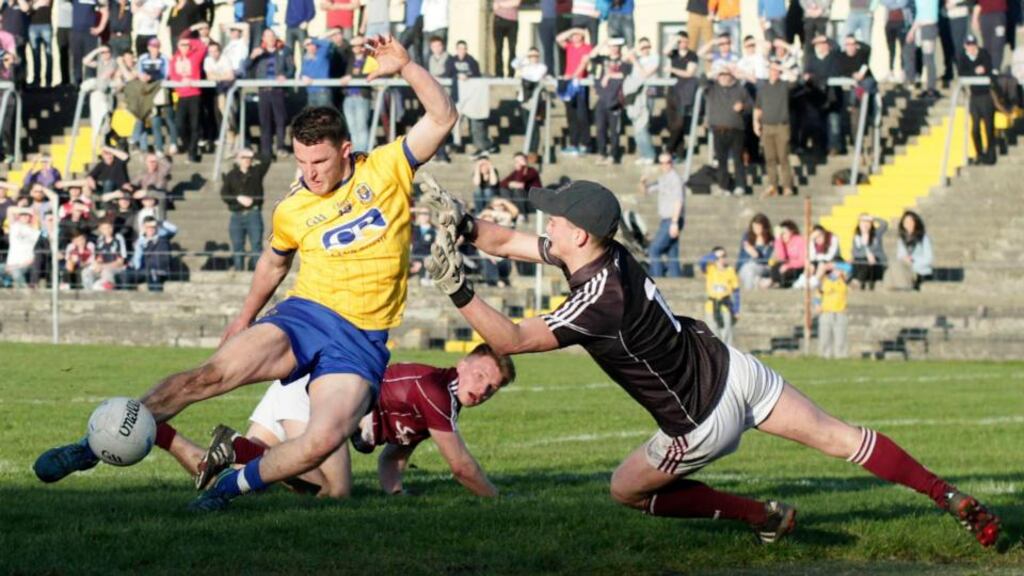 Roscommon’s Diarmuid Murtagh scores a goal against Galway in the county’s U-21 Connacht final victory on Saturday. Photo: Mike Shaughnessy/Inpho