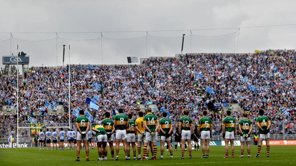 The Dublin and Kerry teams line up before the 2011 All-Ireland final. Sunday week’s semi-final showdown is set to be Croke Park’s first sellout of the summer. Photograph: Inpho.