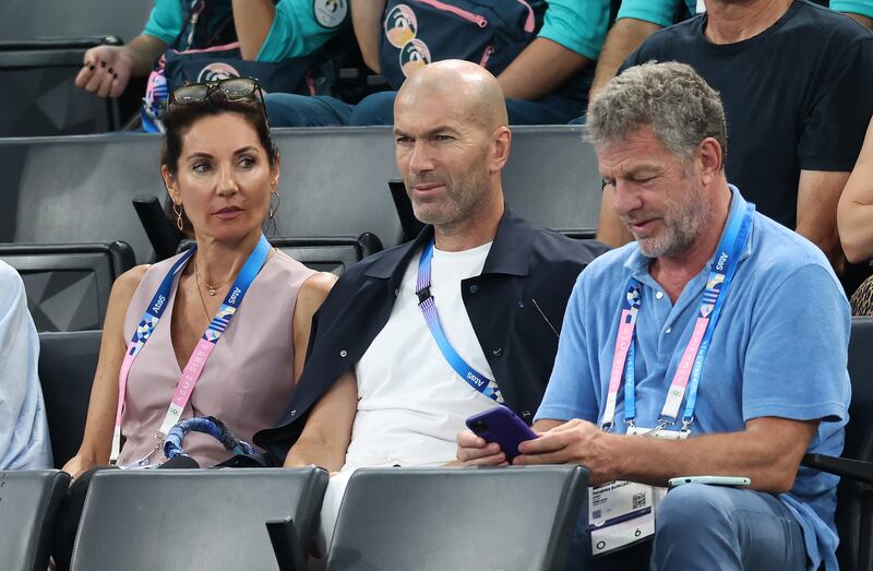 Zinedine Zidane and his wife Veronique watching the final days of gymnastics action at the Bercy Arena. Photograph: Pascal Le Segretain/Getty Images