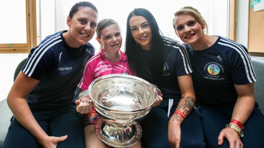 Members of the All-Ireland Senior Camogie Championship winning  Cork team visit Our Lady’s Children’s Hospital in Crumlin, Dublin on Monday. Photograph: INPHO/Cathal Noonan.