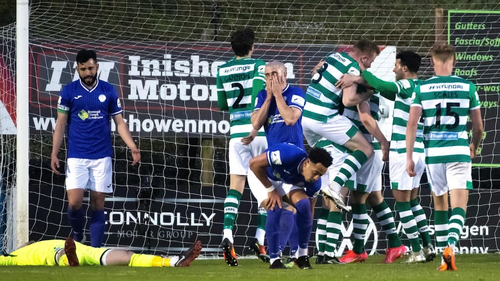 Shamrock Rovers celebrate a late Rory Gaffney goal against Finn Harps. Photograph: Evan Logan/Inpho