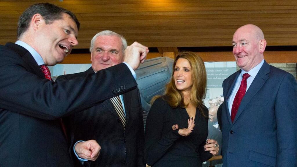 The fiscal space is this big: Minister for Finance Paschal Donohoe, former taoiseach Bertie Ahern, former CNN presenter Gina London and former deputy first minister Mark Durkan at the Kennedy Summer School. Photograph: Mary Browne