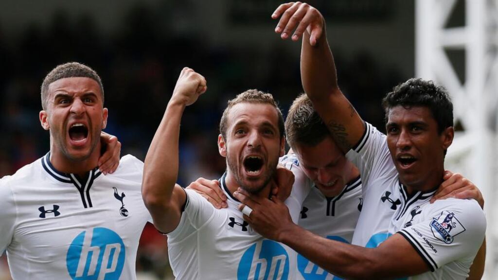 Tottenham Hotspur’s Roberto Soldado (second from left) celebrates with team-mates after scoring a penalty against Crystal Palace during the Premier League match at Selhurst Park in London. Photograph: Stefan Wermuth/Reuters