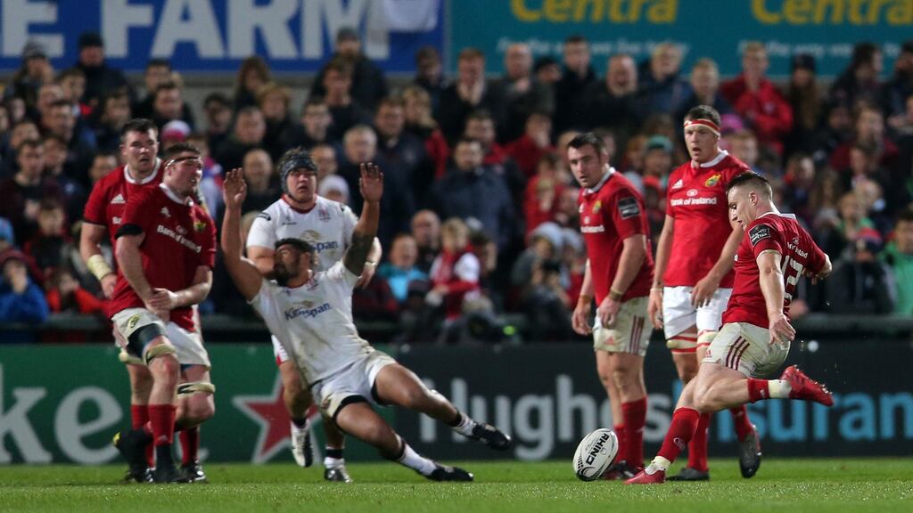 Munster’s Rory Scannell scores the winning drop goal. Photograph: Inpho