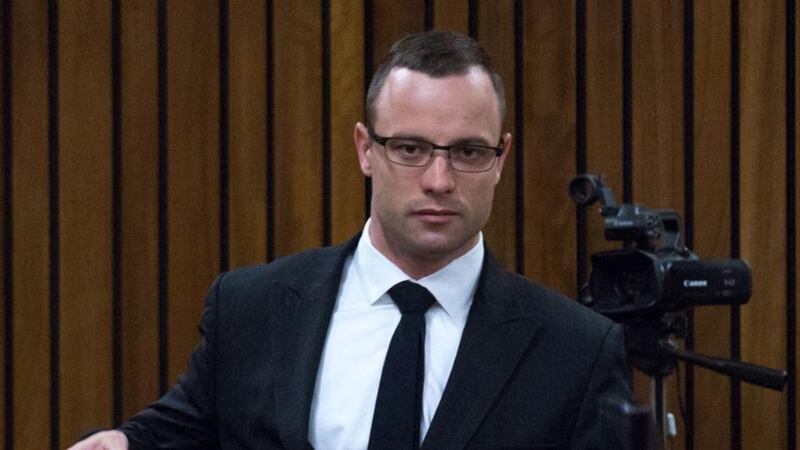 South African Olympic and Paralympic sprinter Oscar Pistorius arriving today for his trial in Pretoria. Pistorius is accused of the murder of his model girlfriend Reeva Steenkamp in February 2013. Photograph: Daniel Born/EPA