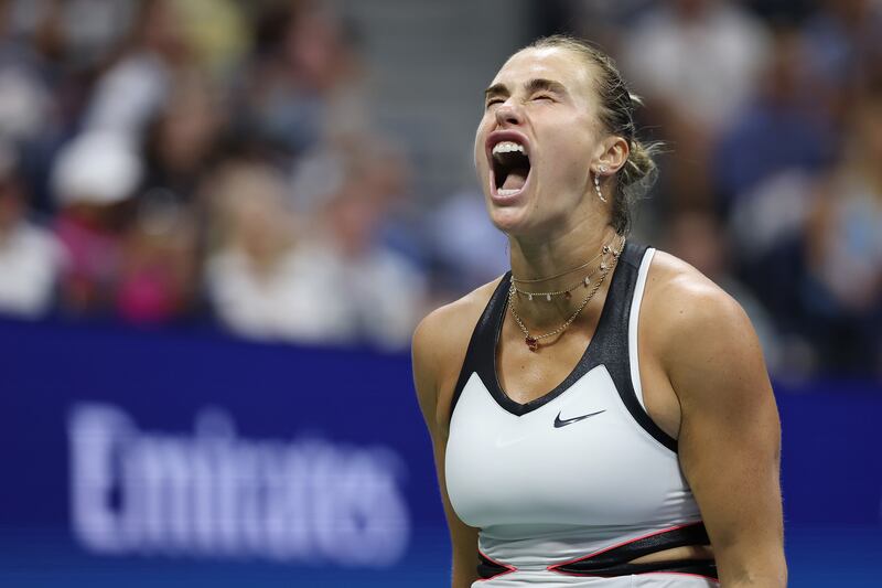 Aryna Sabalenka reacts during the match: Photograph: Elsa/Getty Images