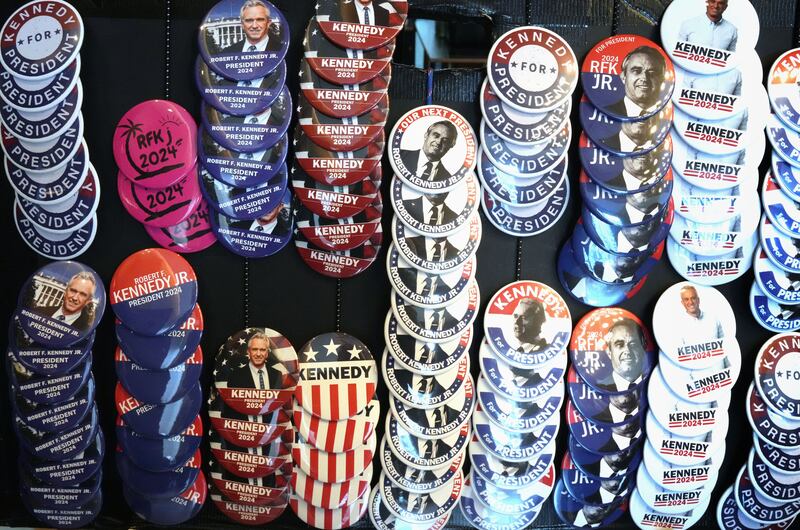 Robert F Kennedy memorabilia as he speaks during a campaign event at a hotel in Nashville, Tennessee, on October 16th, 2023