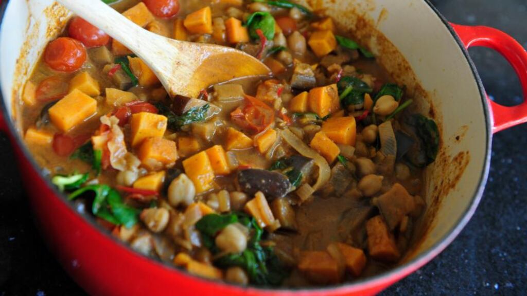 Aubergine and coconut curry. Photograph: Aidan Crawley