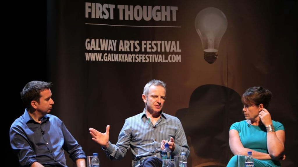 John Mulholland (centre) with Mark Little and Maggie O'Kane at the First thought discussion in Galway