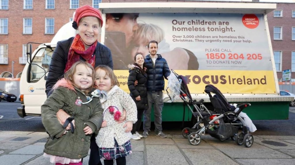 Urgent appeal: Sr Stan with Sean Wade, Sarah Moran and their children, Zoe, Summer and Sean, who were homeless for more than two years when they lost their home in the private rented market.