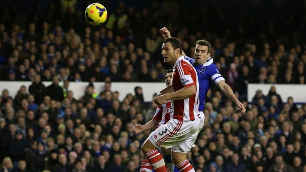 Seamus Coleman  scores Everton’s  second goal against Stoke City in the  Premier League match  at Goodison Park. Photograph:  Jan Kruger/Getty Images