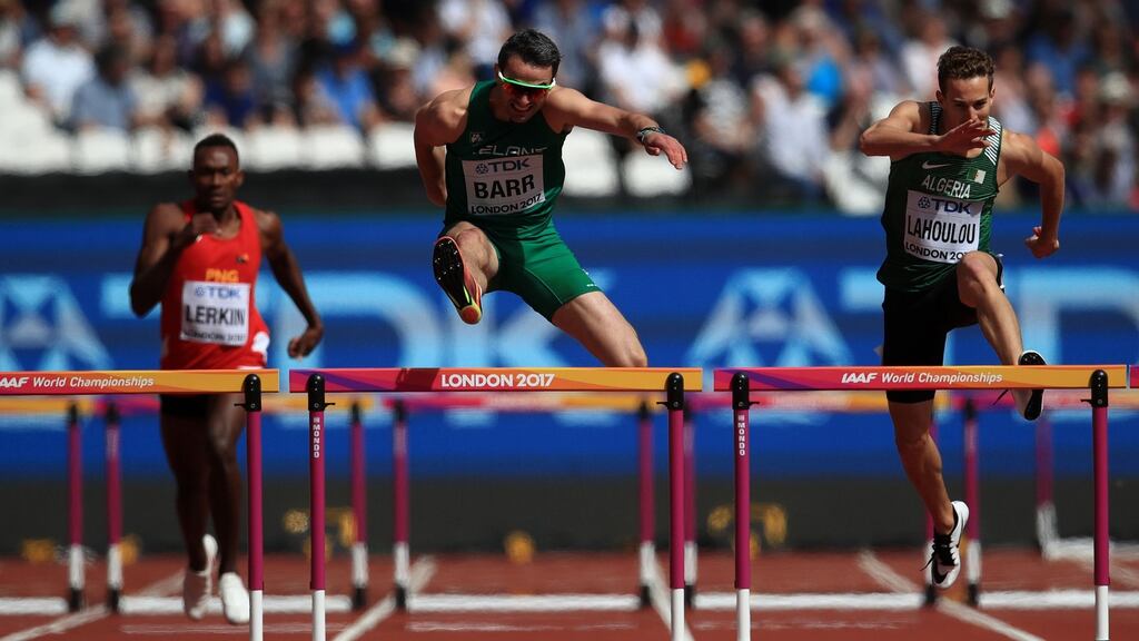 Ireland’s Thomas Barr during the Men’s 400m Hurdle heat two at the London Stadium. Photograph: PA