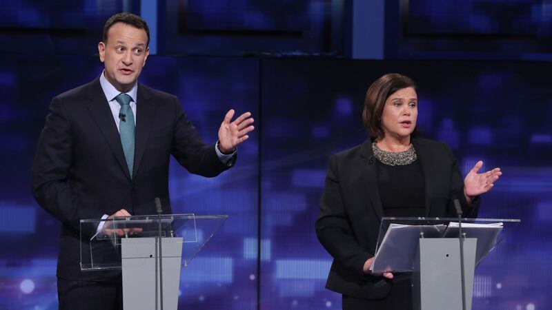 Fine Gael leader Leo Varadkar and Sinn Féin president Mary Lou McDonald during the final TV leaders’ debate at the RTE studios in Donnybrook, Dublin. Photograph: Niall Carson/PA Wire