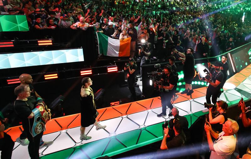 Katie Taylor makes her way to the ring before Friday's fight against Amanda Serrano at Madison Square Garden. Photograph: Gary Carr/Inpho