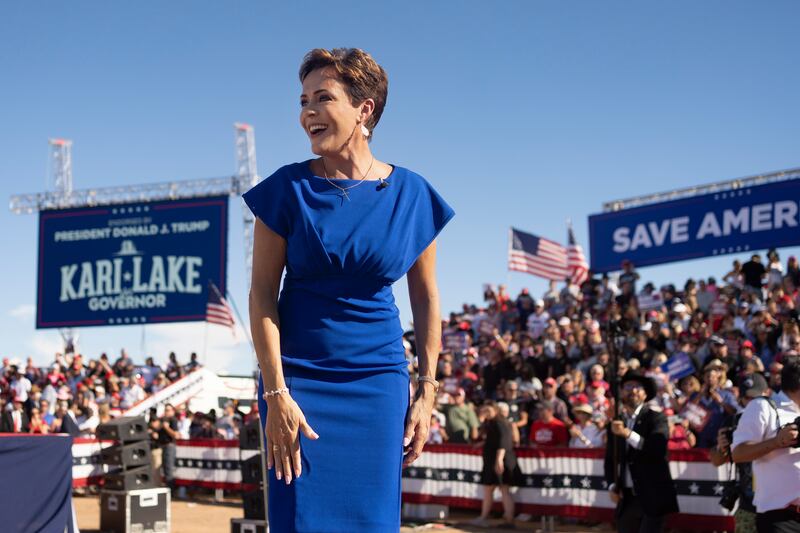 Kari Lake, the Republican candidate for governor in Arizona, at a rally in Mesa last month. Photograph: Rebecca Noble/New York Times