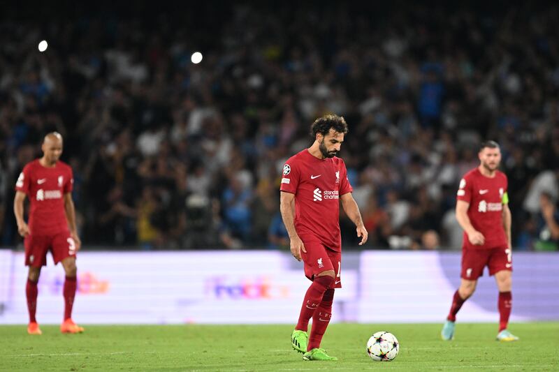 Mohamed Salah looks dejected after Piotr Zielinski scores Napoli's fourth goal in the Champions League match at Stadio Diego Armando Maradona. Photograph: Francesco Pecoraro/Getty Images
