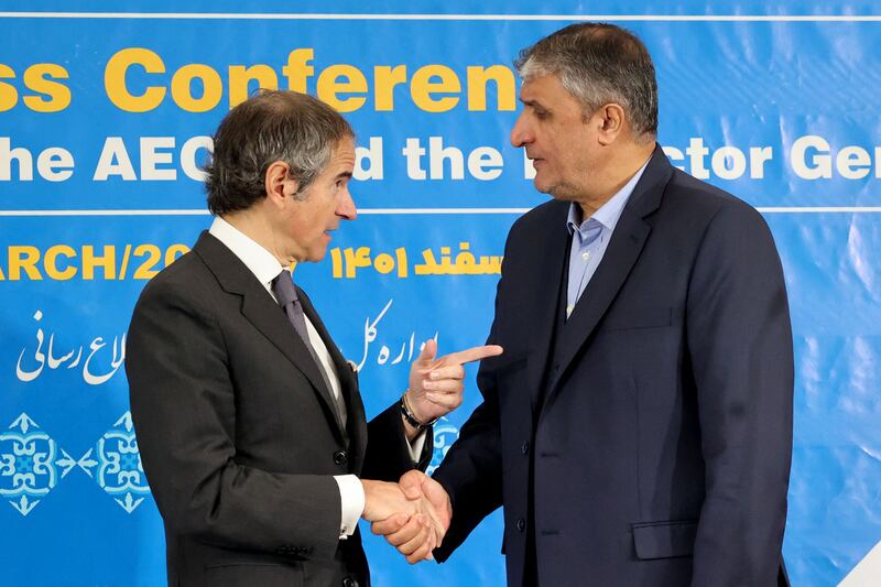 International Atomic Energy Agency chief Rafael Grossi (left) and head of the Atomic Energy Organisation of Iran Mohammad Eslami at the end of a press conference in Tehran on March 4th, 2023. Photograph: Atta Kenare/AFP/Getty