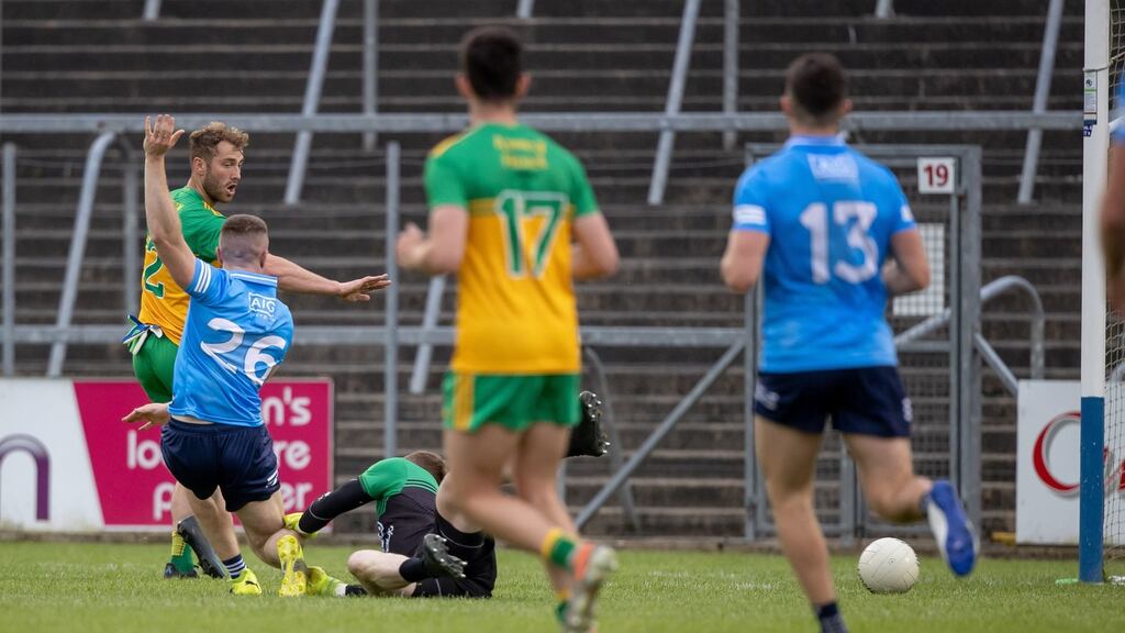 Dublin’s Paddy Small scores a goal during the Allianz Football League Division One semi-final against Donegal at Kingspan Breffni Park. Photograph: Morgan Treacy/Inpho