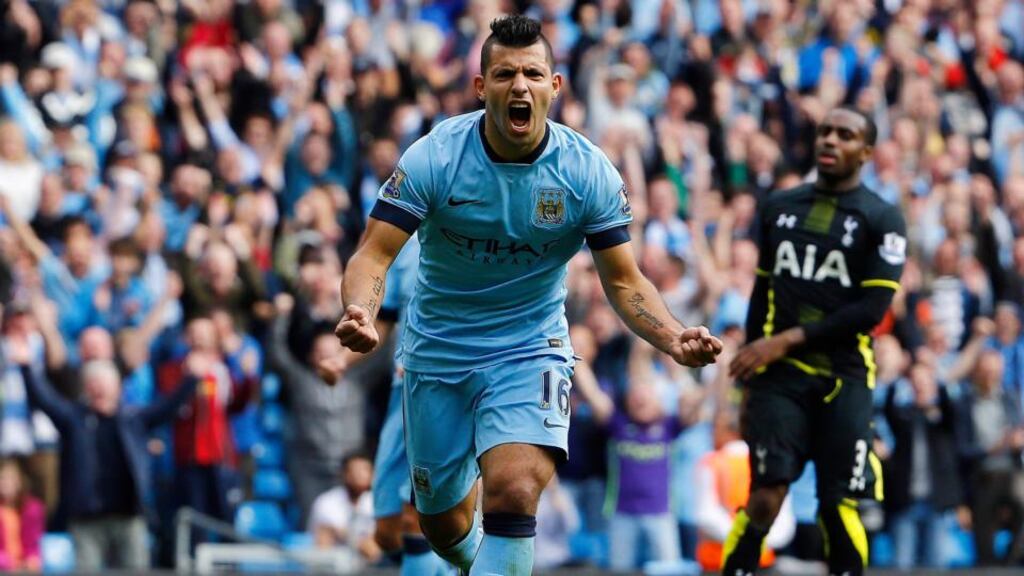Manchester City’s Sergio Aguero celebrates scoring his third goal during their English Premier League clash against Tottenham Hotspur at the Etihad Stadium in Manchester. Photo: Darren/Reuters
