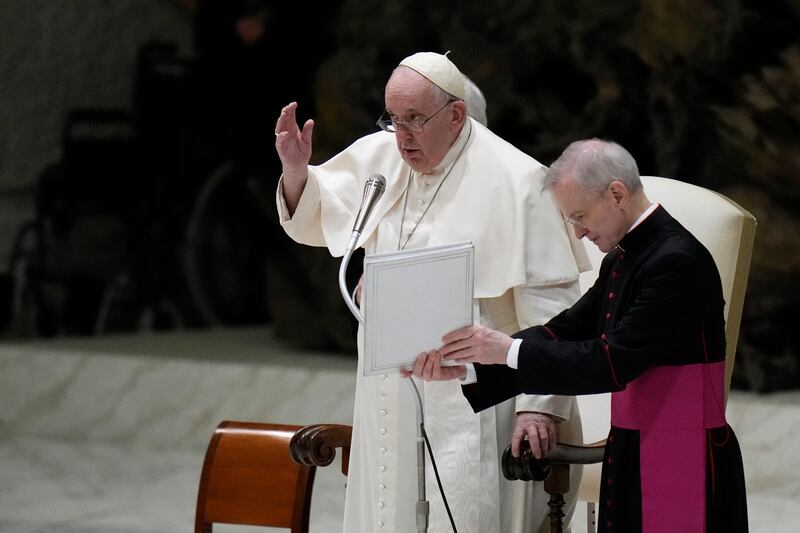 Pope Francis delivers a blessing as he attends a weekly general audience in the Paul VI Hall at the Vatican this week. Photograph: Alessandra Tarantino/AP/PA