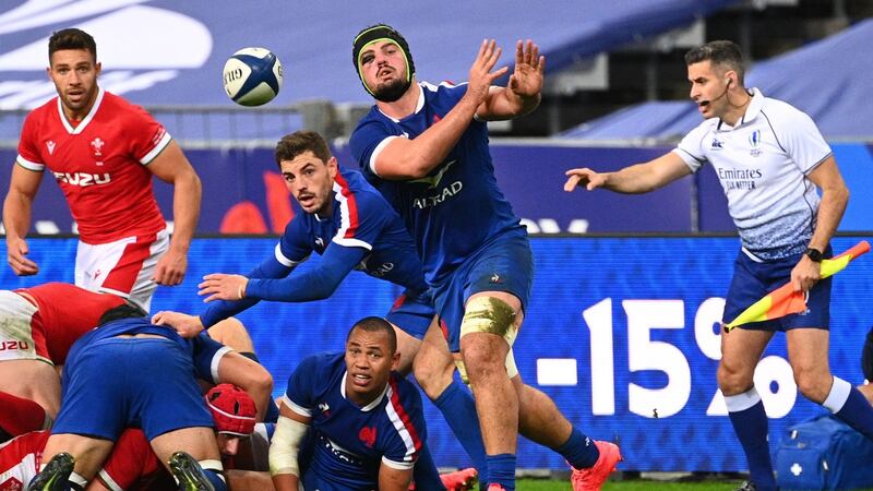 France’s number 8 Grégory Alldritt passes the ball during the Test match between France and Wales, at the Stade de France in Saint-Denis last Saturday. Photograph: Anne-Christine Poujoulat/AFP via Getty Images