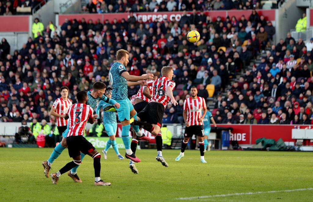 Tottenham Hotspur's Harry Kane scores his side's first goal at the Gtech Community Stadium. Photograph: PA