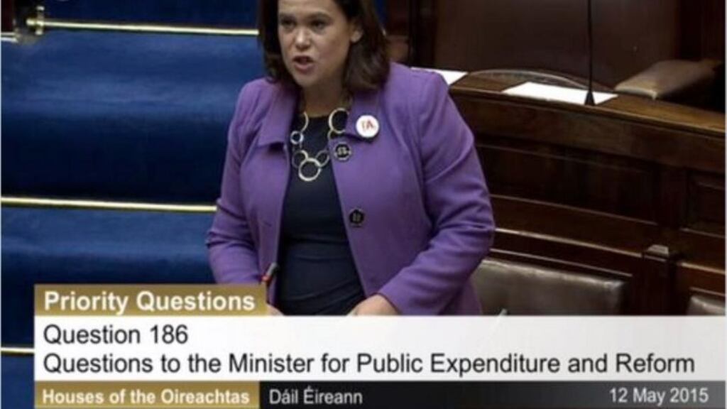 Sinn Féin deputy leader Mary Lou McDonald wearing the “TÁ Comhionannas” badge, which means “Yes Equality”, during questions in the Dáil to Minister for Public Expenditure and Reform Brendan Howlin on May 12th, 2015. Screengrab: Oireachtas TV
