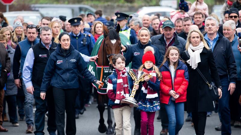 Grand National winning horse Tiger Roll pictured in Summerhill, Co Meath after winning in Aintree. Zack O’Leary aged 8 and Tianna O’Leary aged 9 hold the winning Grand National trophy. Photograph: Tom Honan