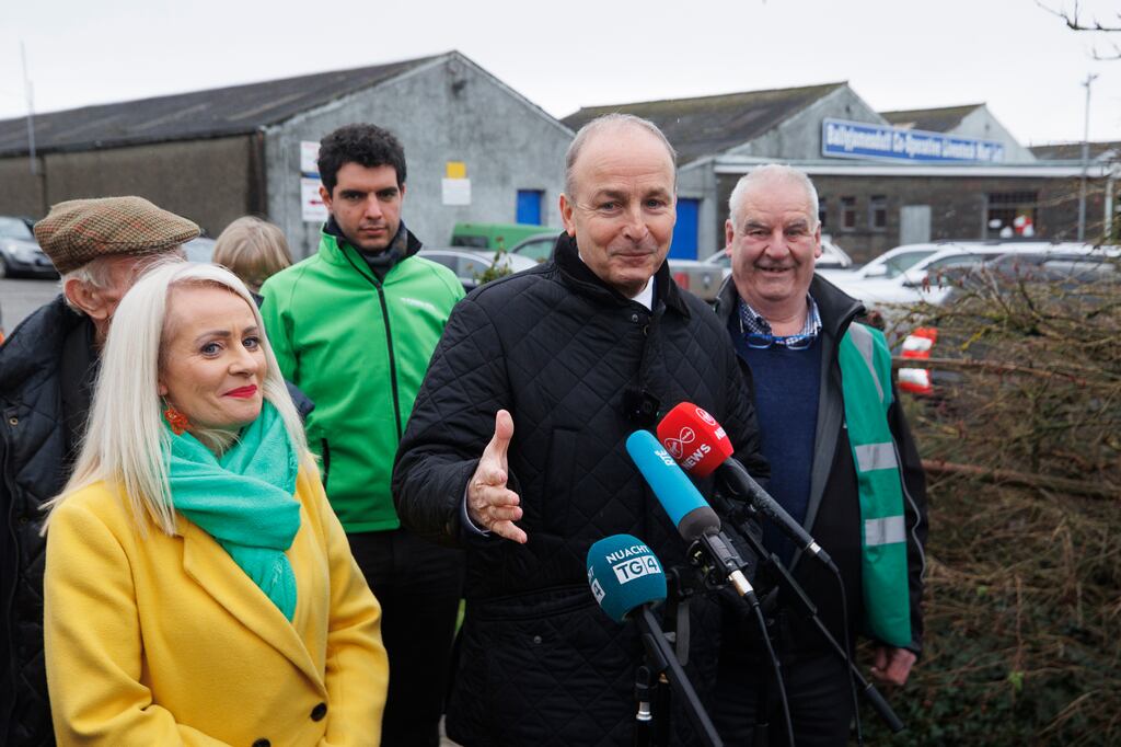 Niamh Smyth (left) with Tánaiste Micheál Martin speaking to the media at Ballyjamesduff during the election campaign. Photograph: Liam McBurney/PA