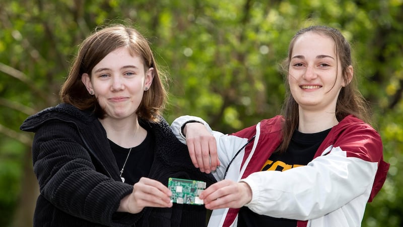 Fifth year students at Mount Temple School, Clontarf, Kitty Joyce, from Glasnevin right and Niamh Staines from Clarehall pictured this afternoon after a project for which the wrote the computer code on a Rasberry Pi computer was blasted into space. Photograph: Colin Keegan, Collins Dublin