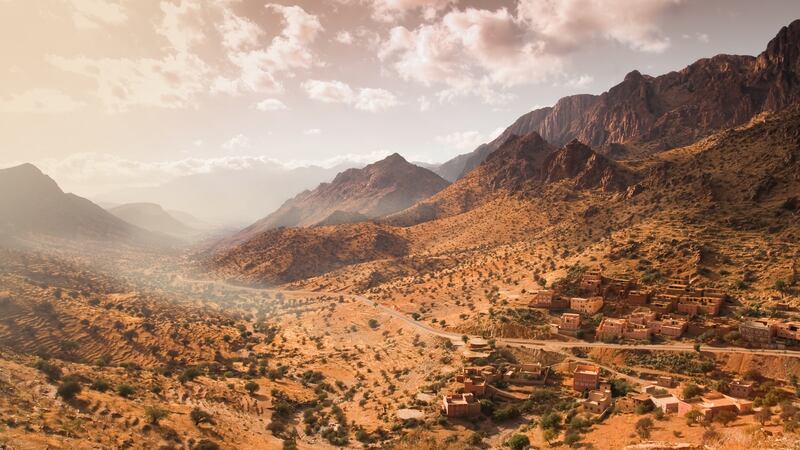 Atlas mountains with town in Morocco.