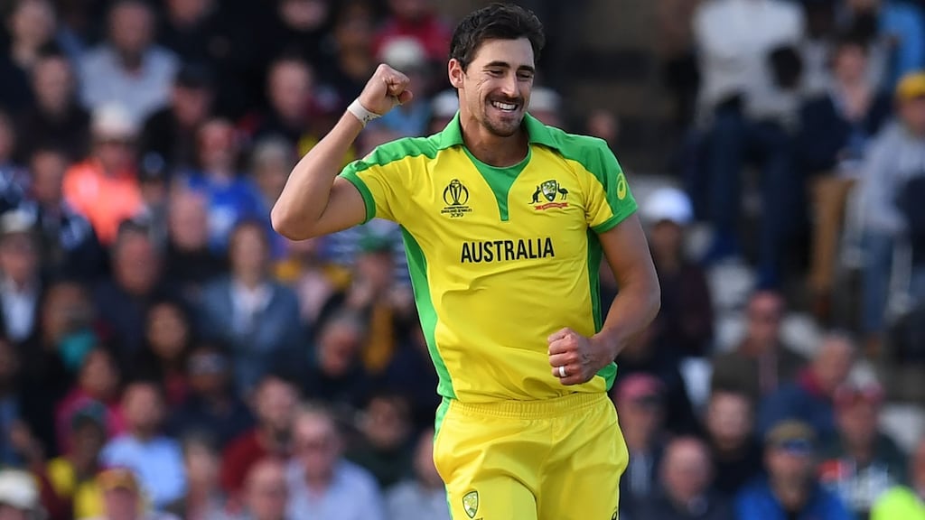 Australia’s Mitchell Starc celebrates after taking his fifth wicket in the World Cup match against the  West Indies at Trent Bridge. Photograph: Paul Ellis/AFP/Getty Images
