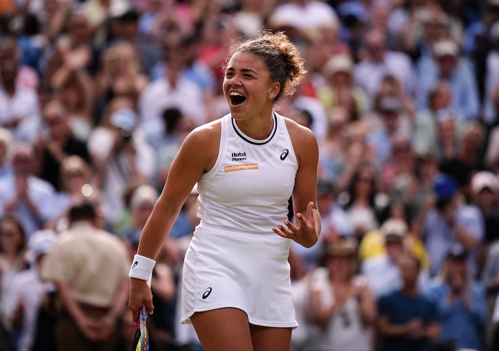 Italy's Jasmine Paolini celebrates after beating Donna Vekic of Croatia during their Wimbledon semi-final. Photograph: Aaron Chown/PA Wire