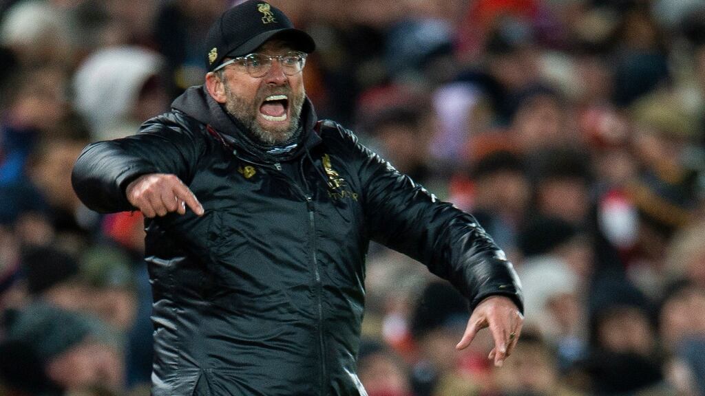 Liverpool’s manager Juergen Klopp during the English Premier League soccer match between Liverpool and Leicester City and Burton Albion held at the Anfield Stadium in Liverpool, on Wednesday. Photograph: Peter Powell/EPA