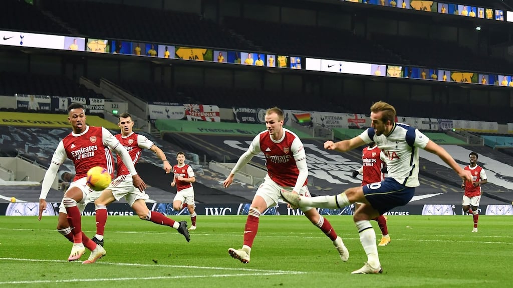 Harry Kane  scores Tottenham Hotspur’s   second goal during the  Premier League  match against  Arsenal at Tottenham Hotspur Stadium. Photograph:  Glyn Kirk/AFP via Getty Images