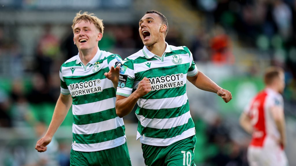 Shamrock Rovers’ Graham Burke celebrates scoring the second goal of the game. Photograph: Ryan Byrne/Inpho