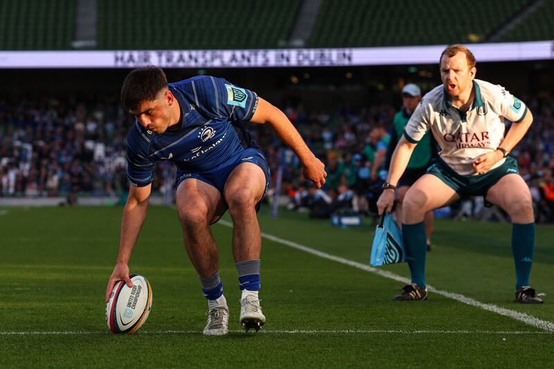 Leinster's Jimmy O'Brien scores a try. Photograph: Ben Brady/Inpho