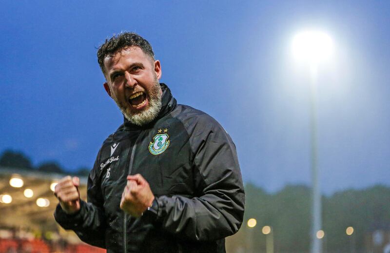 Shamrock Rovers manager Stephen Bradley celebrates after their win over Derry City. Photograph: Lorcan Doherty/Inpho