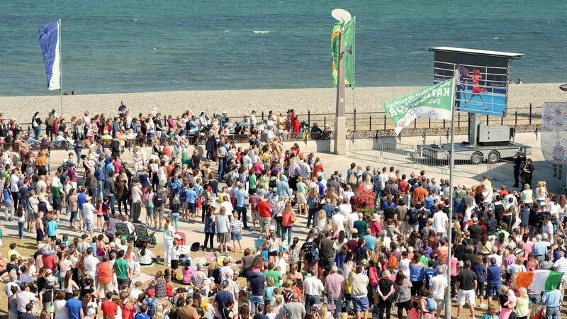 Hundreds of Katie Taylor fans gather to watch her Olympic fight on the big screen erected at the seafront at her hometown of Bray Co. Wicklow. Photograph: Eric Luke/The Irish Times