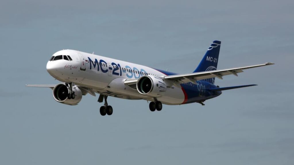 The MC-21-300 passenger airliner during its maiden flight in Irkutsk, Russia. Photograph: Irkut Corporation/EPA