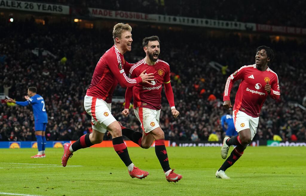 Bruno Fernandes celebrates scoring Manchester United's second goal. Photograph: Martin Rickett/PA